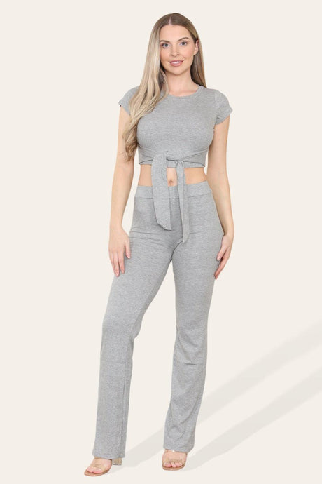 Tie Belt Front Cropped Loungewear Ribbed Trousers Set - AApex Store 