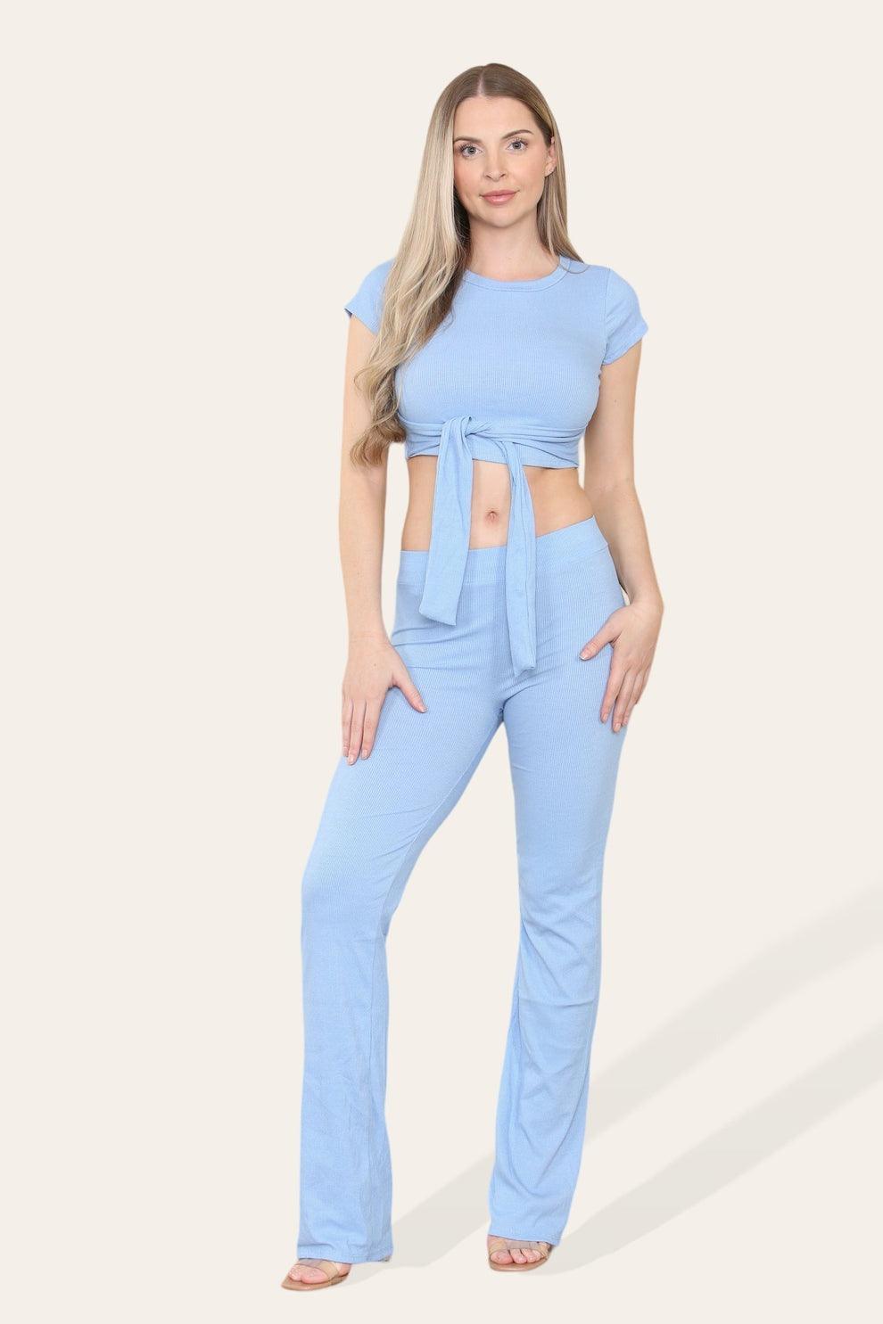 Tie Belt Front Cropped Loungewear Ribbed Trousers Set - AApex Store 