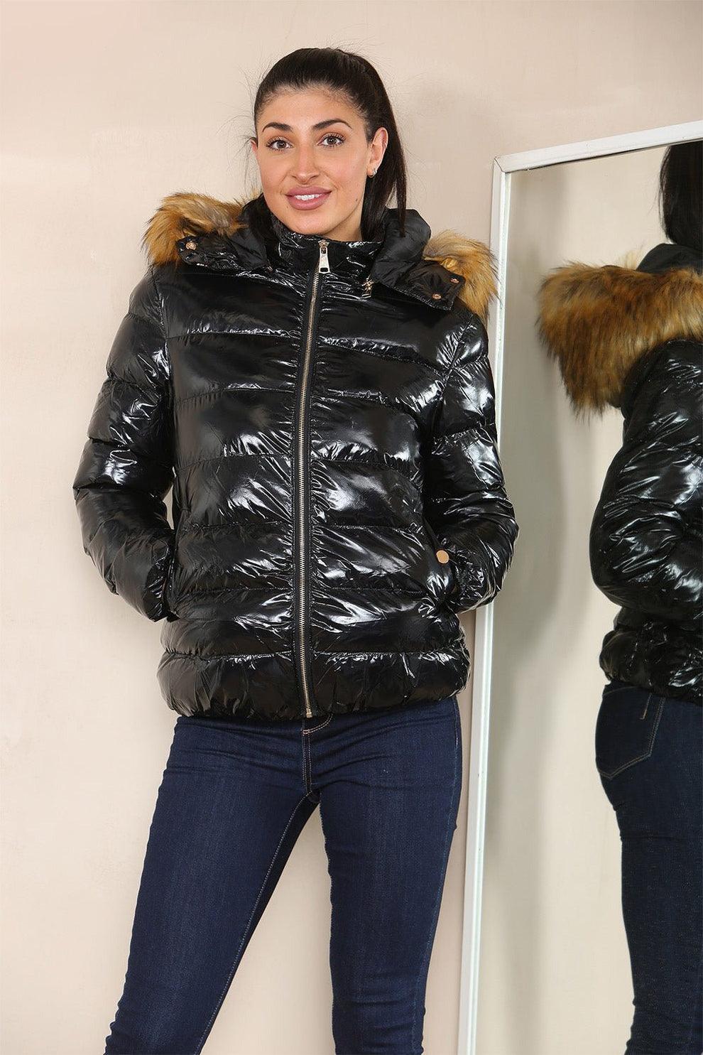 Wet Look Puffer Hooded Jacket with Faux Fur Black  - AApexStoreOnline