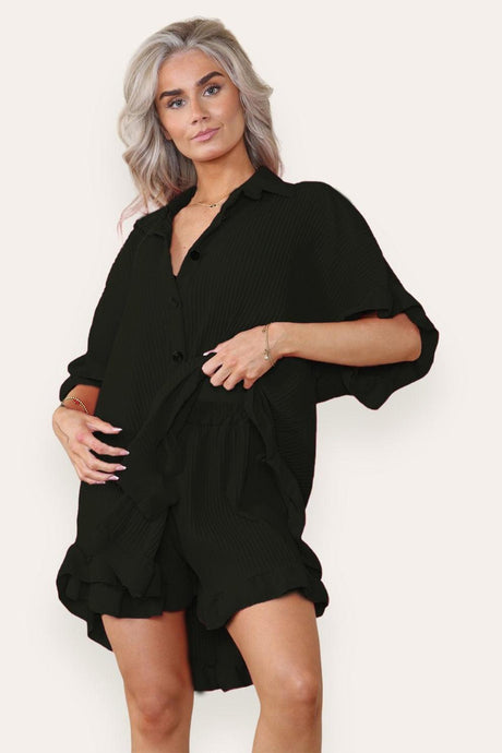 Women’s Casual Oversized Gold Button Pleated Frilled Ruffle Short Sleeves Shirt Top and Short Co-Ord Set - AApex Store 