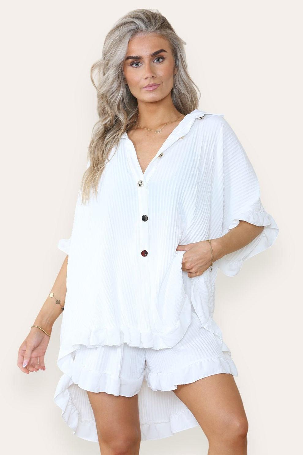 Women’s Casual Oversized Gold Button Pleated Frilled Ruffle Short Sleeves Shirt Top and Short Co-Ord Set - AApex Store 