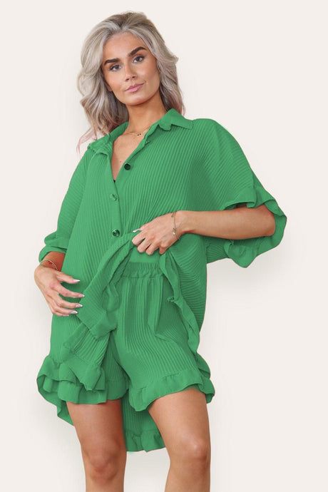 Women’s Casual Oversized Gold Button Pleated Frilled Ruffle Short Sleeves Shirt Top and Short Co-Ord Set - AApex Store 