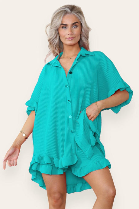 Women’s Casual Oversized Gold Button Pleated Frilled Ruffle Short Sleeves Shirt Top and Short Co-Ord Set - AApex Store 